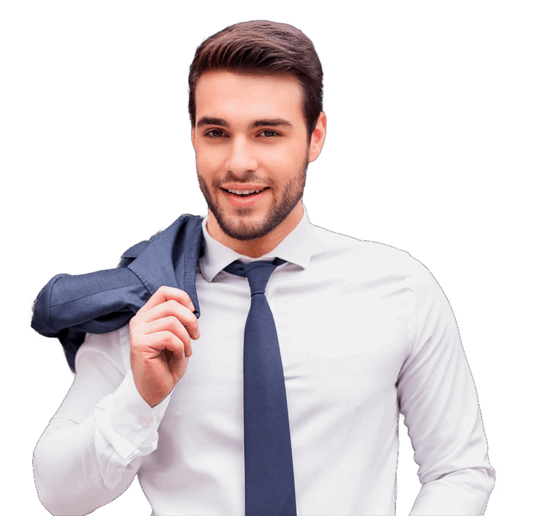 Smiling businessman in a freshly cleaned white shirt, holding his suit jacket over his shoulder.