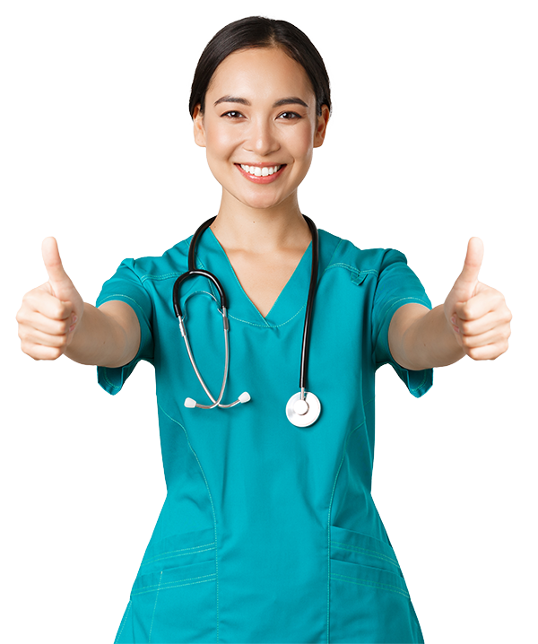 Smiling nurse in clean scrubs and a stethoscope, giving two thumbs up - radiating confidence and positivity.